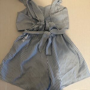 Seersucker Striped Blue High Waist Women Shorts set tie back top